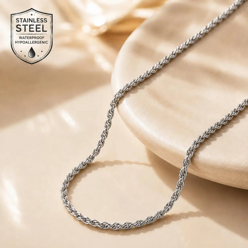 Gold Rope Chain Necklace – Tarnish-Free Stainless Steel Twisted Link Chain Necklace SPOT Silver 40cm 2mm