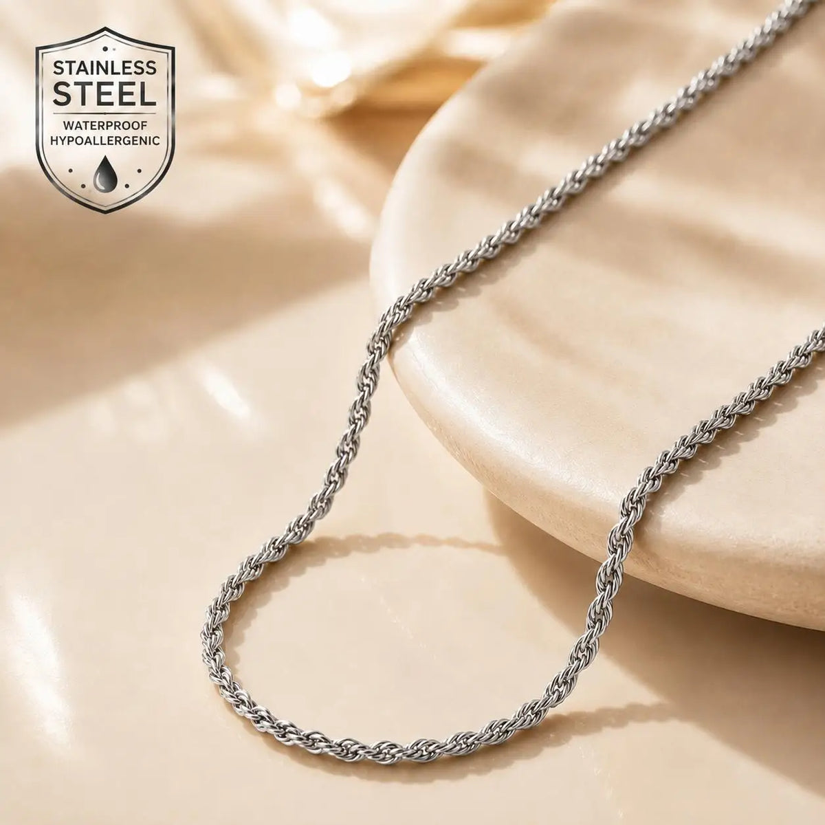 Gold Rope Chain Necklace – Tarnish-Free Stainless Steel Twisted Link Chain Necklace SPOT Silver 40cm 2mm