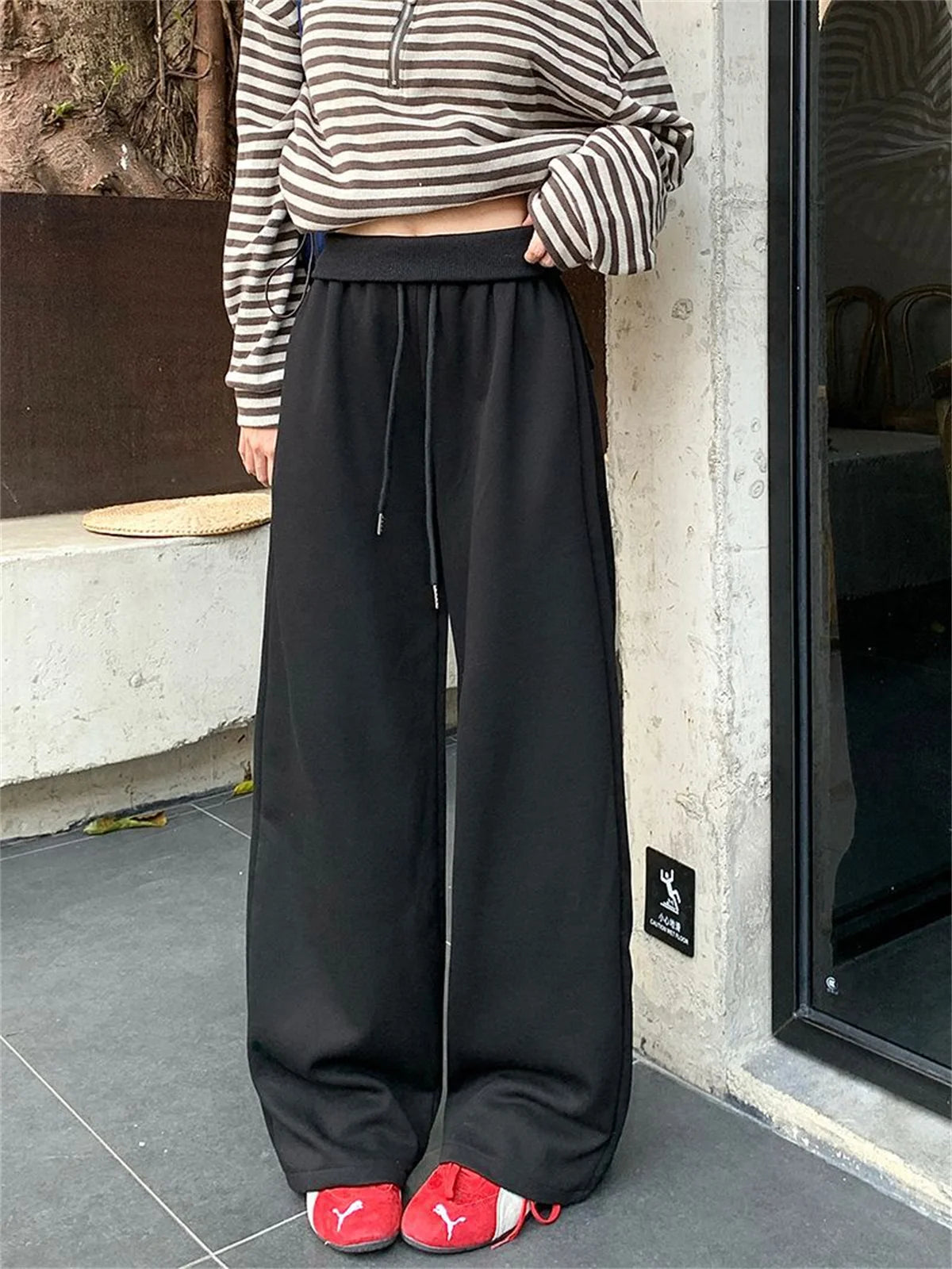 Women's High Waist Wide Leg Drawstring Pants | Casual Trousers Wide Leg Trousers SPOT black L