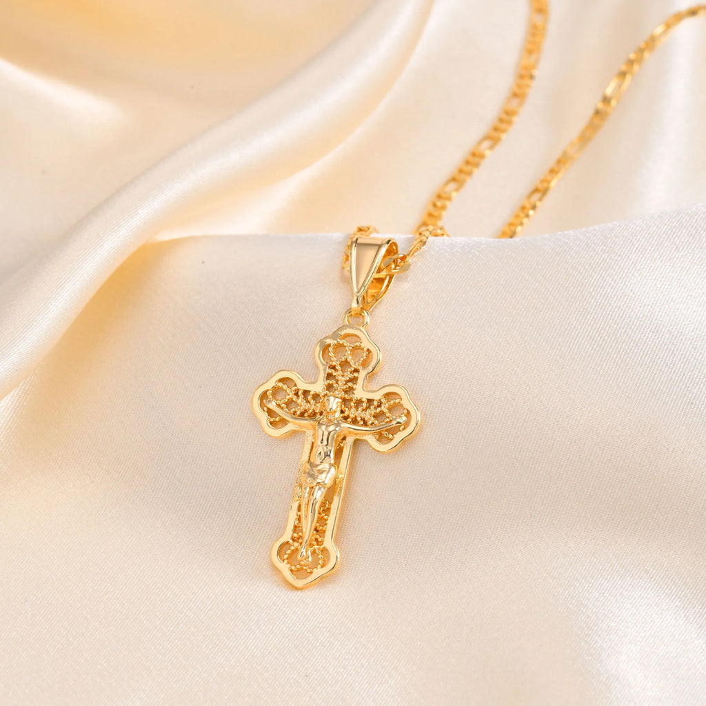 CZ Crucifix Cross Pendant Necklace – Gold Figaro Chain Cross Pendant Necklace SPOT