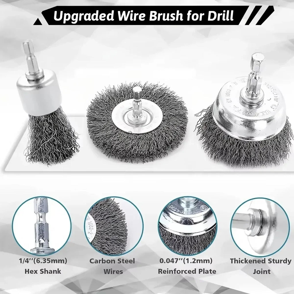Wire Cup Brush Set 1/4" Hex Shank – Carbon Steel, 3 or 10 Pc Wire Brush Set SPOT