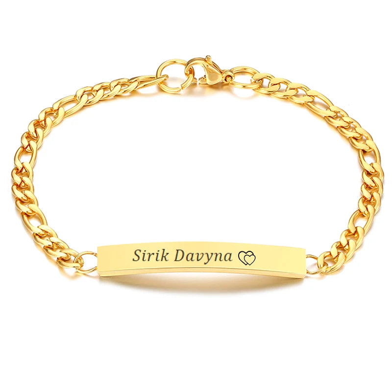 Custom Engraved Figaro Link ID Bracelet – Stainless Steel ID Bar Bracelet SPOT