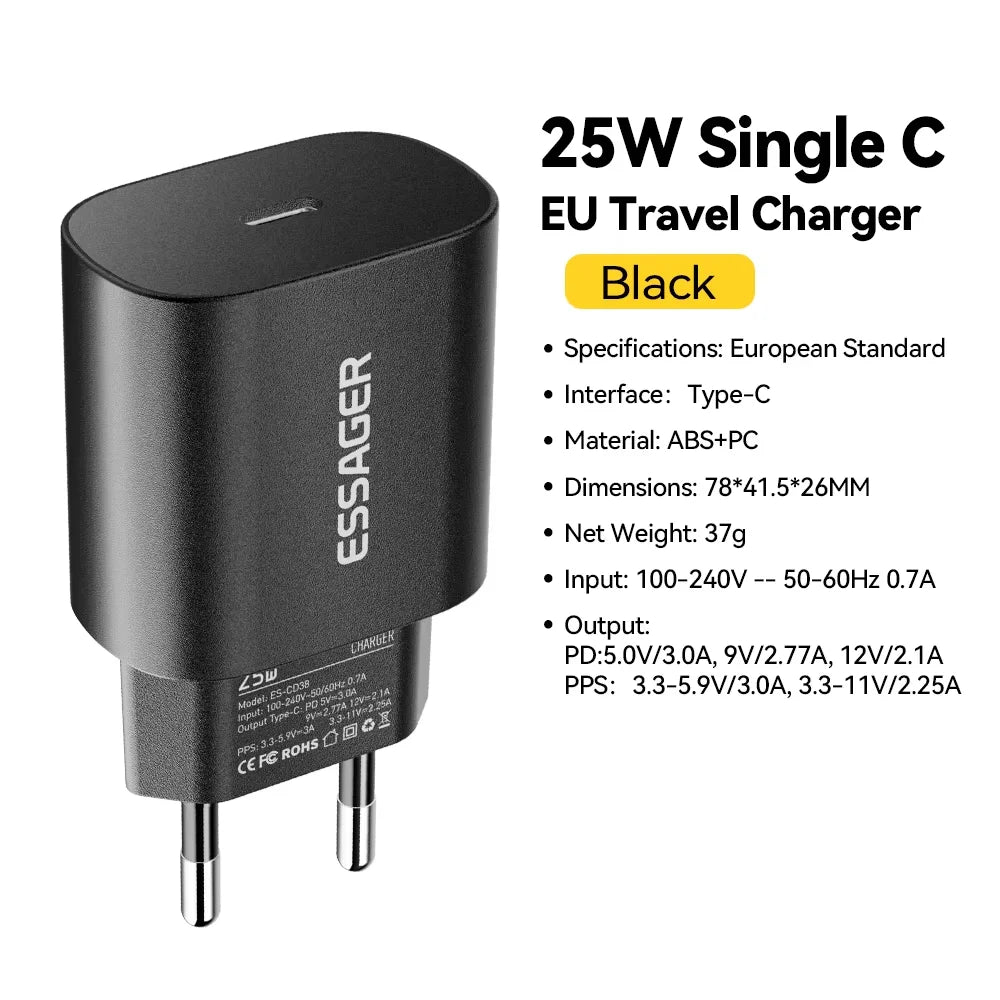 Essager 25W USB-C PD Fast Charger EU Plug – iPhone & Android USB-C Wall Charger SPOT EU Plug