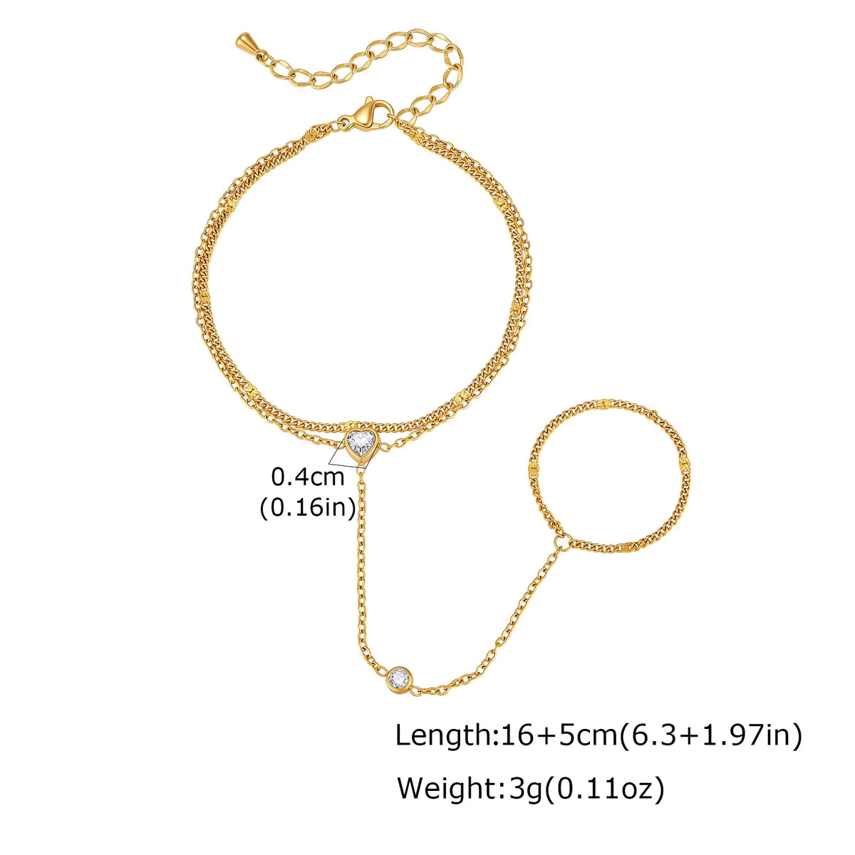 Women's Gold CZ Hand Chain Bracelet – Double Layer Slave Ring Hand Chain Bracelet SPOT BR-3004G