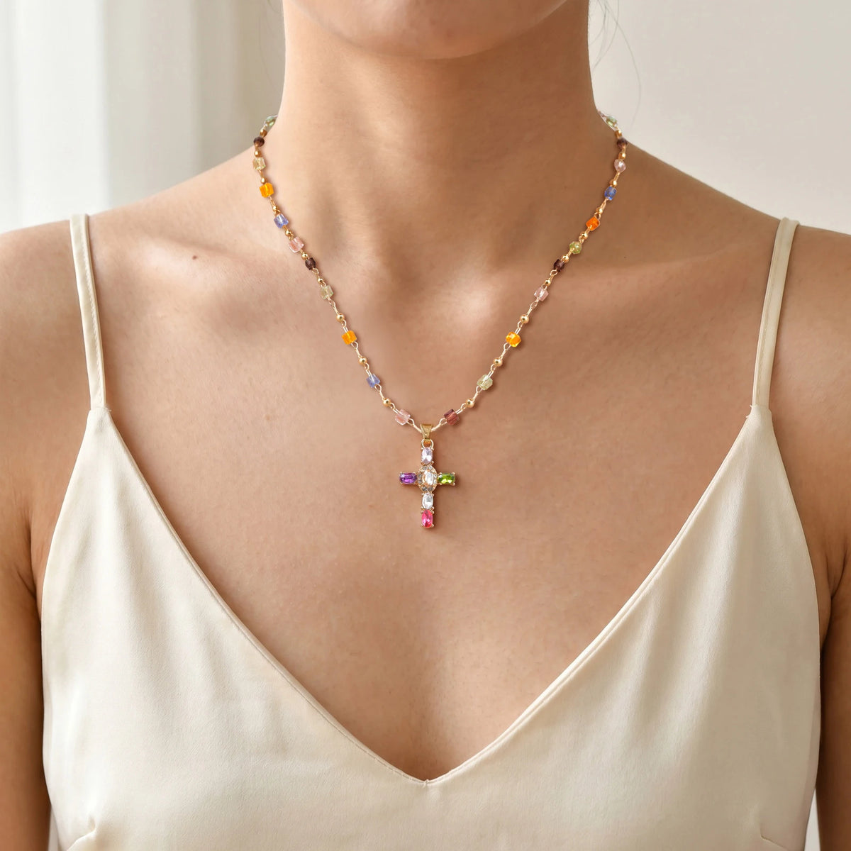 Rainbow Crystal Cross Necklace – Zircon Boho Clavicle Chain Pendant Necklace SPOT