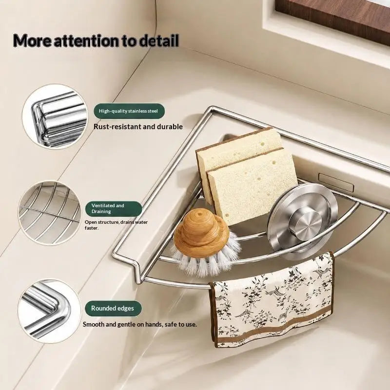 Stainless Steel Sink Corner Drain Rack – No-Drill Organizer Sink Corner Organizer SPOT