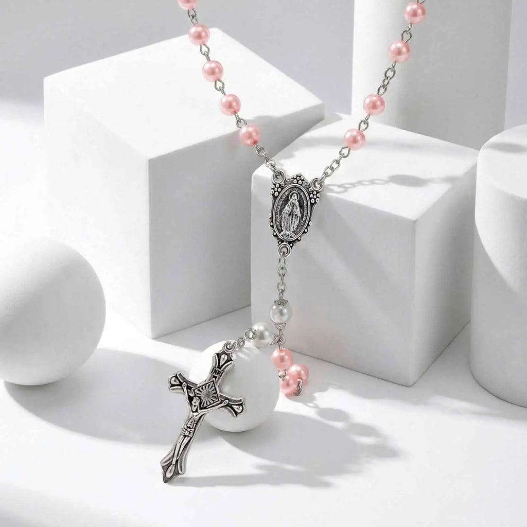 Pink Pearl Rosary Necklace – Virgin Mary Cross Catholic Gift Religious Pendant Necklace SPOT