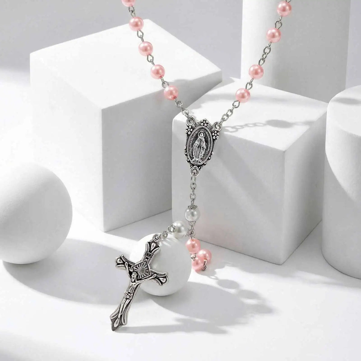 Pink Pearl Rosary Necklace – Virgin Mary Cross Catholic Gift Religious Pendant Necklace SPOT