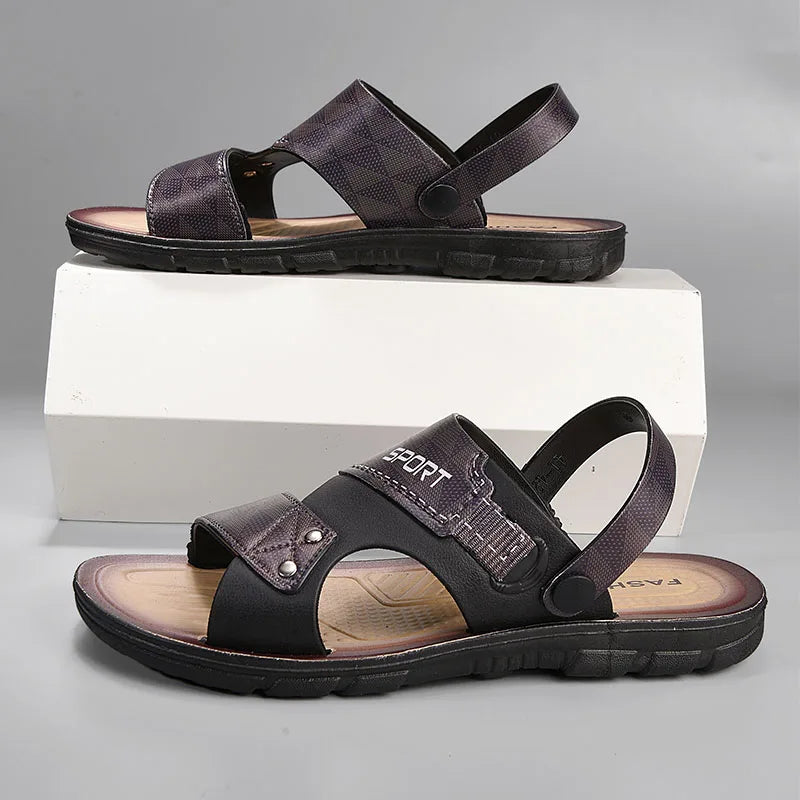 Men's Leather Sandals – Buckle Strap Open-Toe Beach Shoes Men's Sandals SPOT black 48