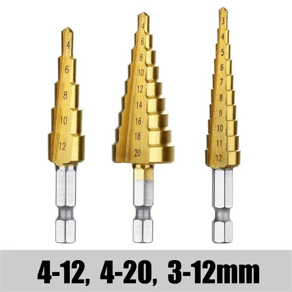 HSS Titanium Step Drill Bit Set – 3-12mm, 4-12mm, 4-20mm Step Drill Bit Set SPOT 3 in 1 Hexagon