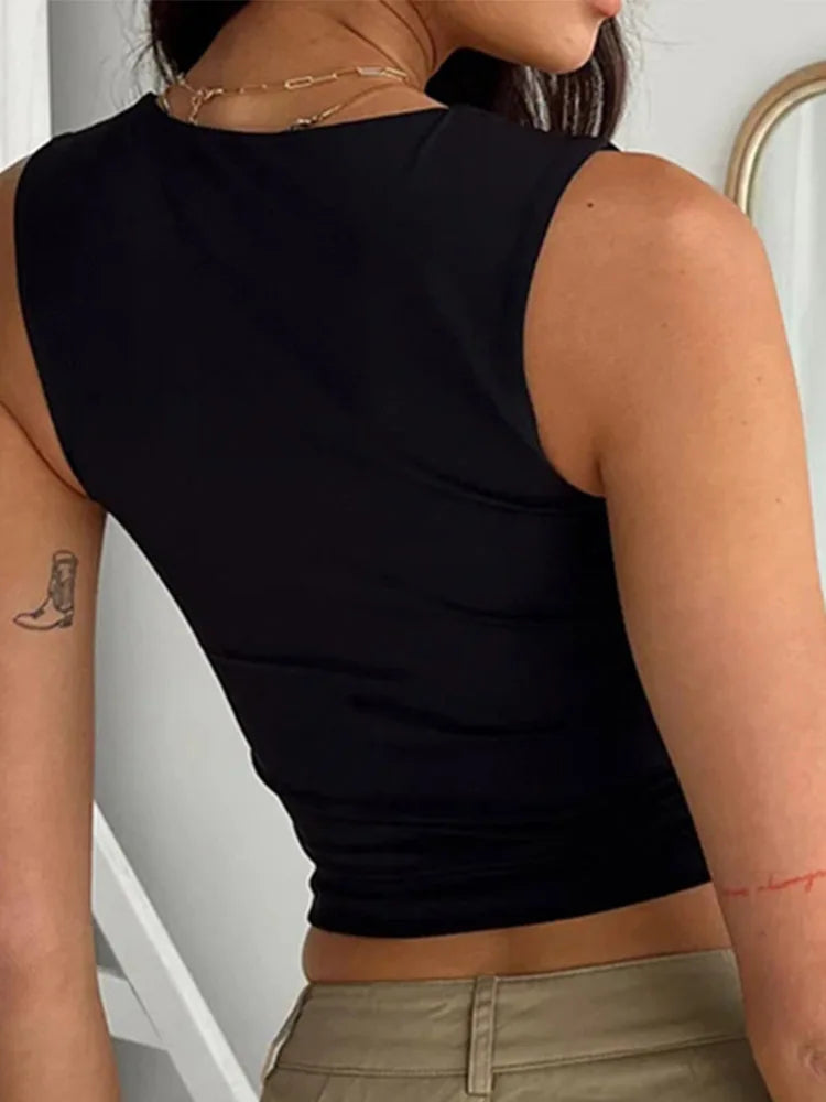 Women's Y2K Sleeveless Collar Crop Tank Top – Black Summer Crop Tank Top SPOT