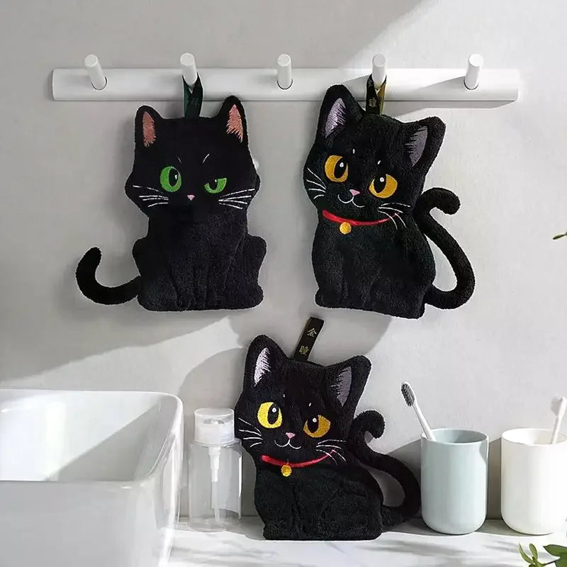 Cartoon Black Cat Hand Towel – Soft Absorbent Coral Fleece Novelty Hand Towel SPOT