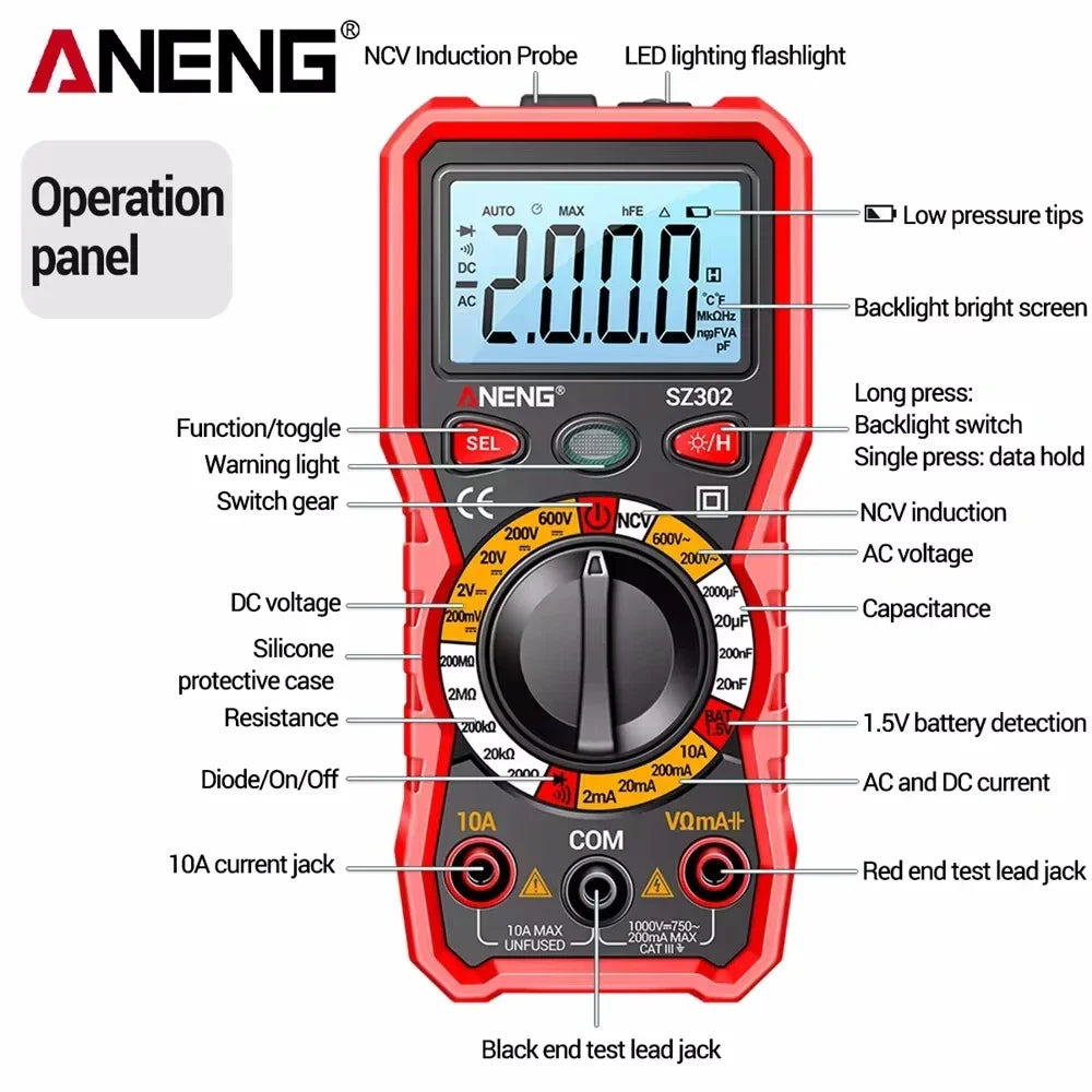 ANENG SZ302 Auto-Range Digital Multimeter AC/DC NCV Tester Digital Multimeter SPOT