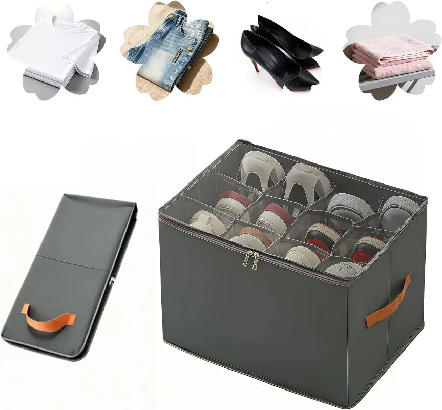 12-Grid Foldable Shoe Organizer Box – Clear Window & Handle Shoe Storage Box SPOT