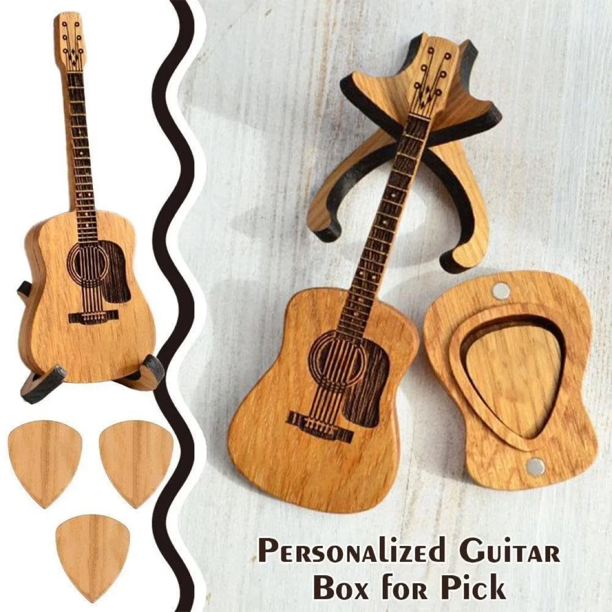 Personalized Wooden Guitar Pick Box with 3 Engraved Picks Guitar Pick Box SPOT 1 set