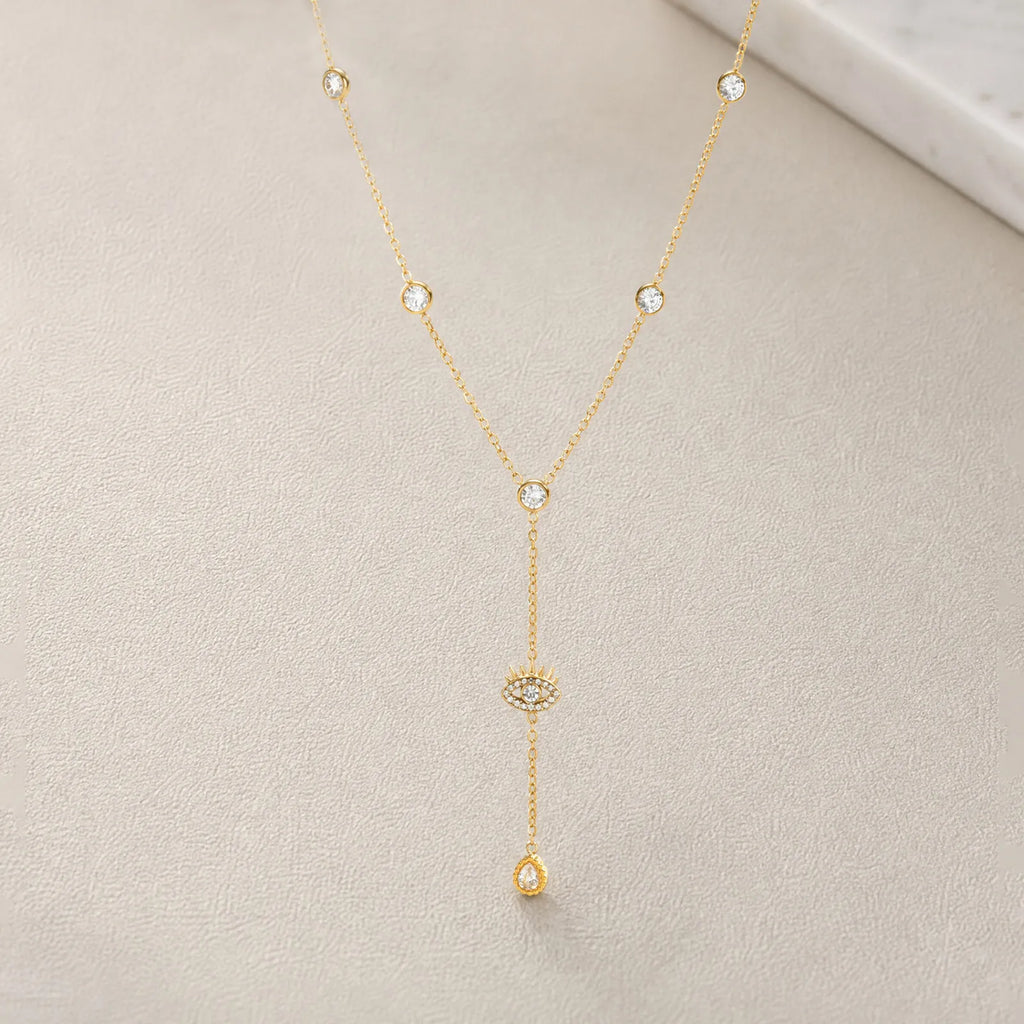 Evil Eye Y Lariat Necklace – 18K Gold Plated CZ Station Pendant Necklace SPOT