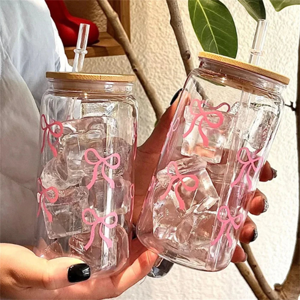 Cute Bow Glass Tumbler 500ml – Mason Jar Cup with Lid & Straw Glass Tumbler Cup SPOT
