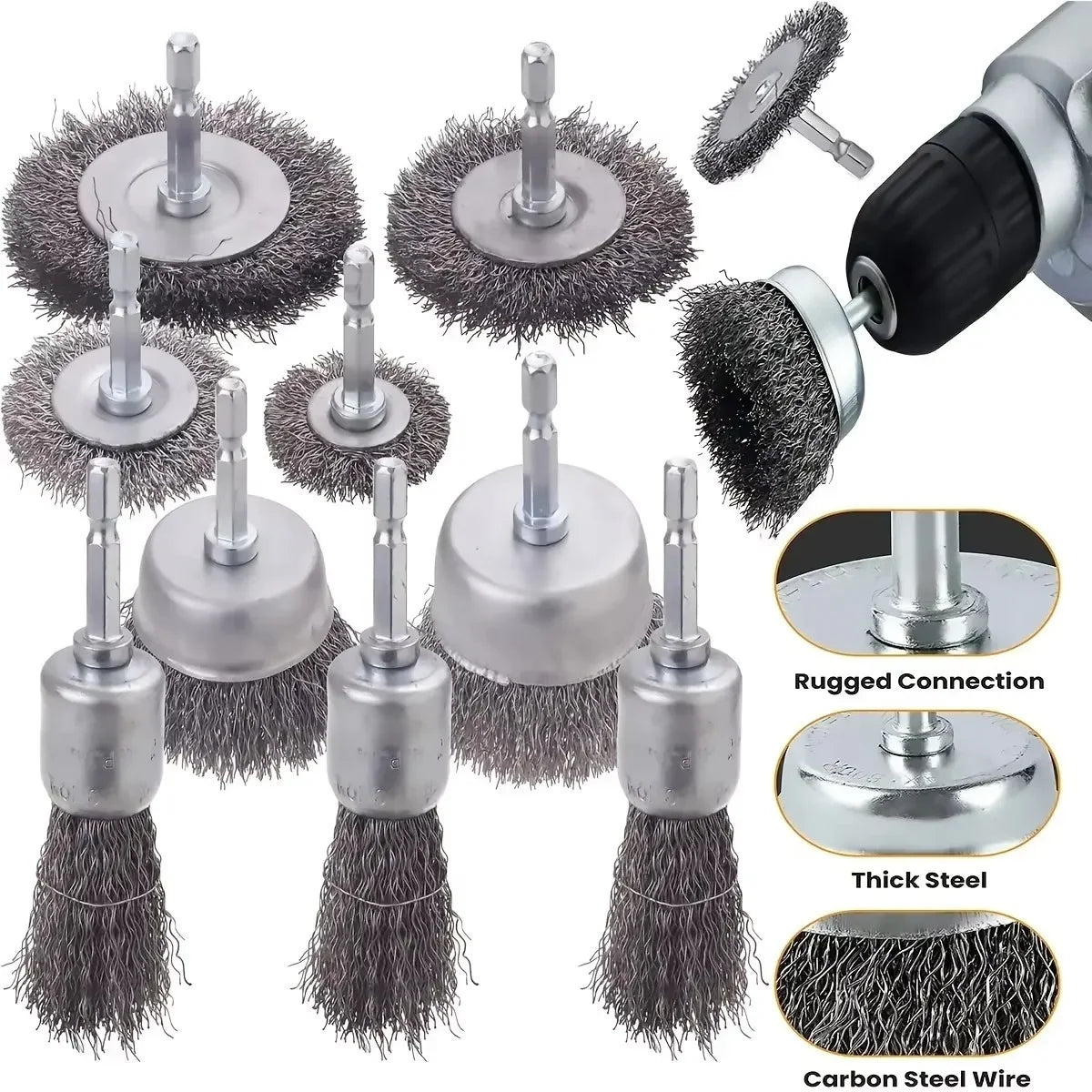 Wire Cup Brush Set 1/4" Hex Shank – Carbon Steel, 3 or 10 Pc Wire Brush Set SPOT 10pcs