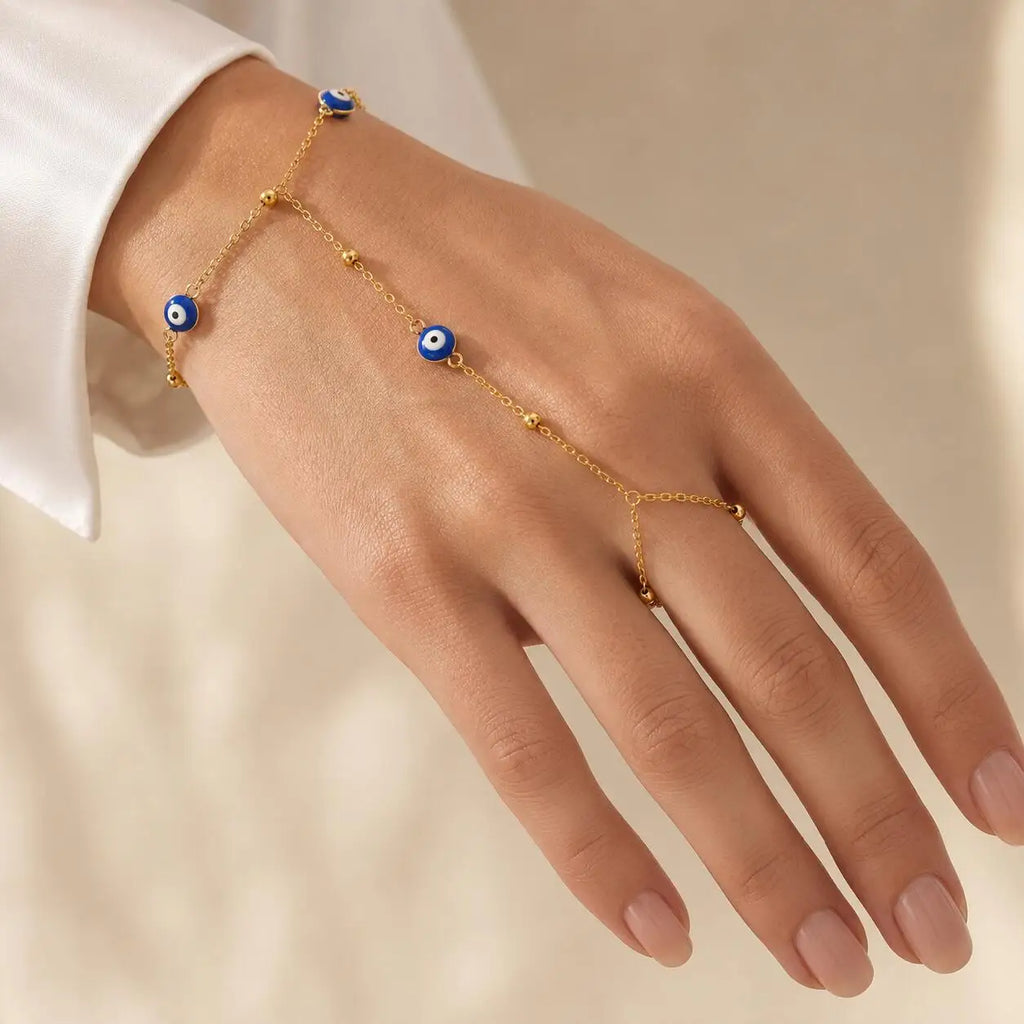 Layered Hand Chain Ring Bracelet – Lapis Lazuli & Turquoise Gold Chain Link Bracelet SPOT
