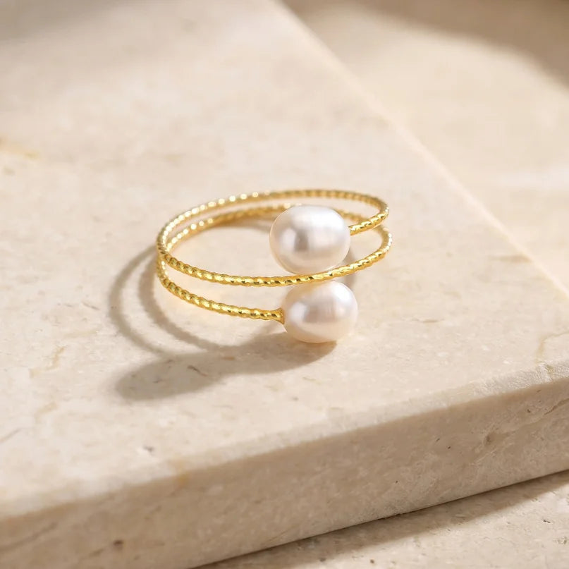 Freshwater Pearl Open Ring – 18K Gold Plated Adjustable Double Layer Pearl Fashion Ring SPOT