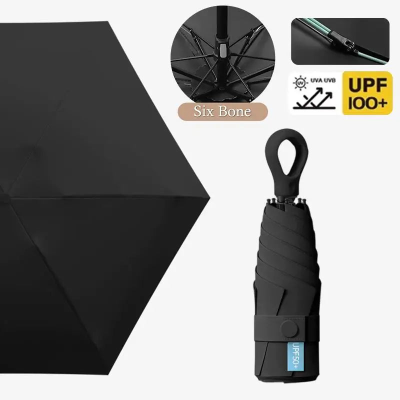 UV Protection Mini Umbrella – Ultralight 6-Fold Sunshade Compact Sun Umbrella SPOT Black