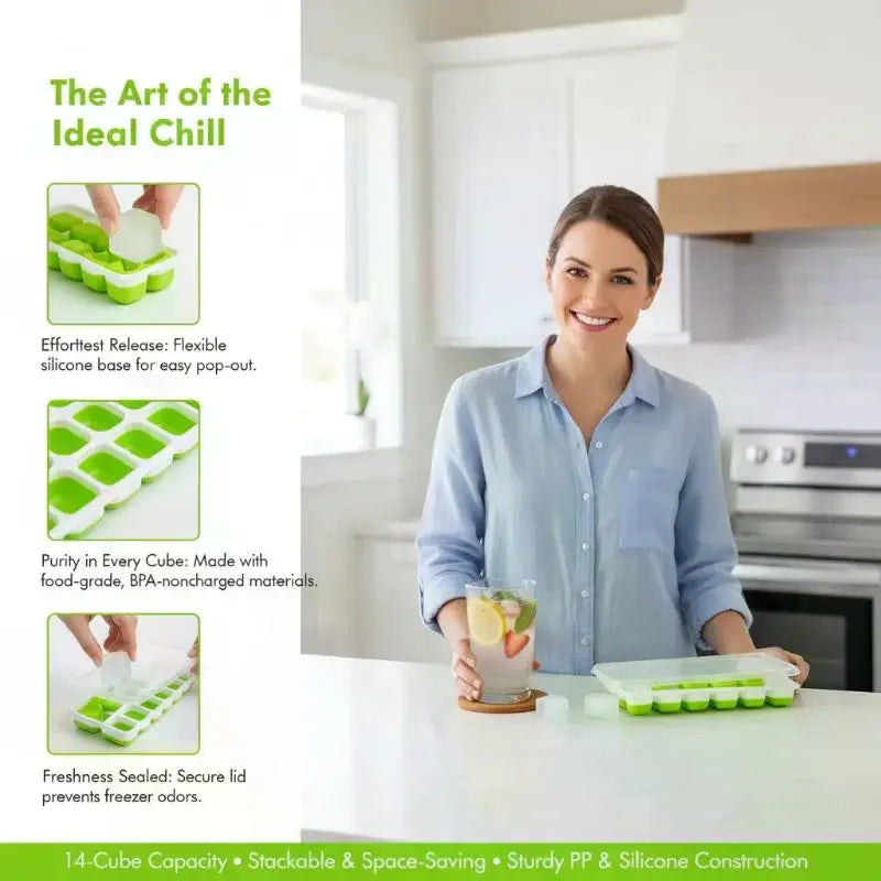 14-Grid Silicone Ice Cube Tray with Lid – BPA-Free Stackable Silicone Ice Cube Tray SPOT