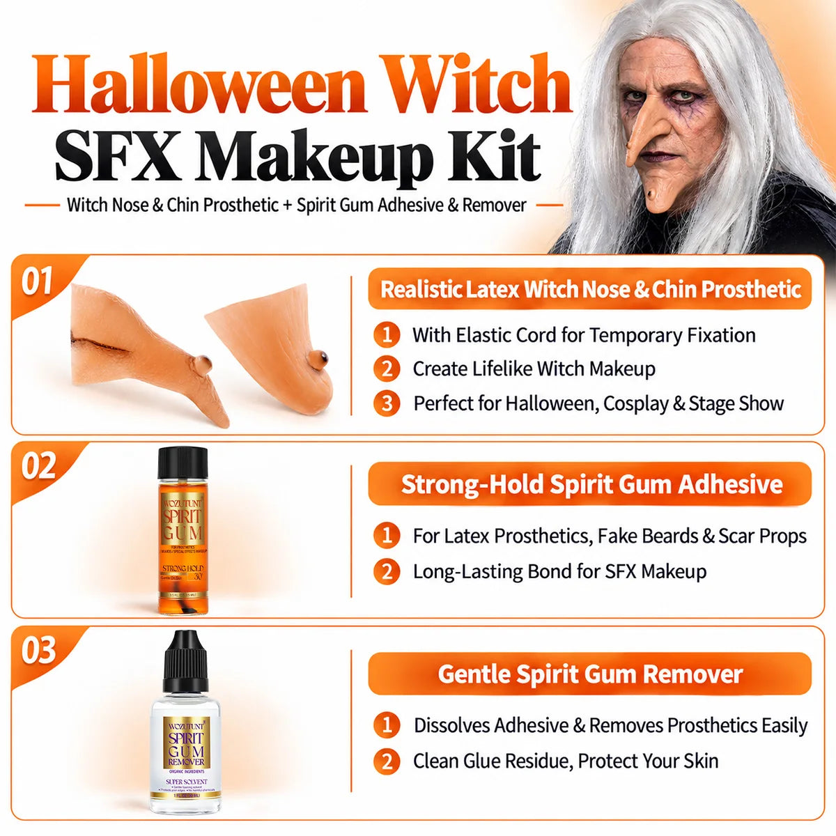 Spirit Gum & Remover with Witch Prosthetic Nose & Chin | Halloween Costume Makeup Kit SPOT