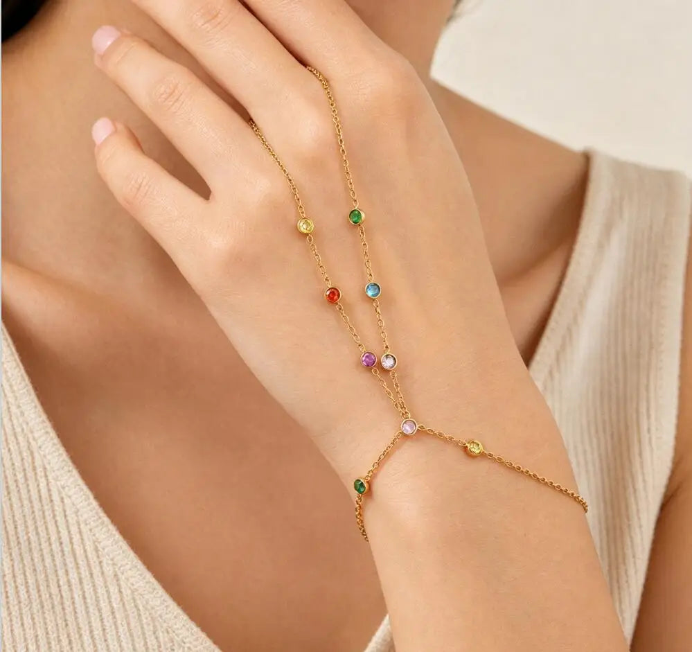 18K Gold CZ Hand Chain Finger Ring Bracelet | Women's Jewelry Hand Chain Bracelet SPOT