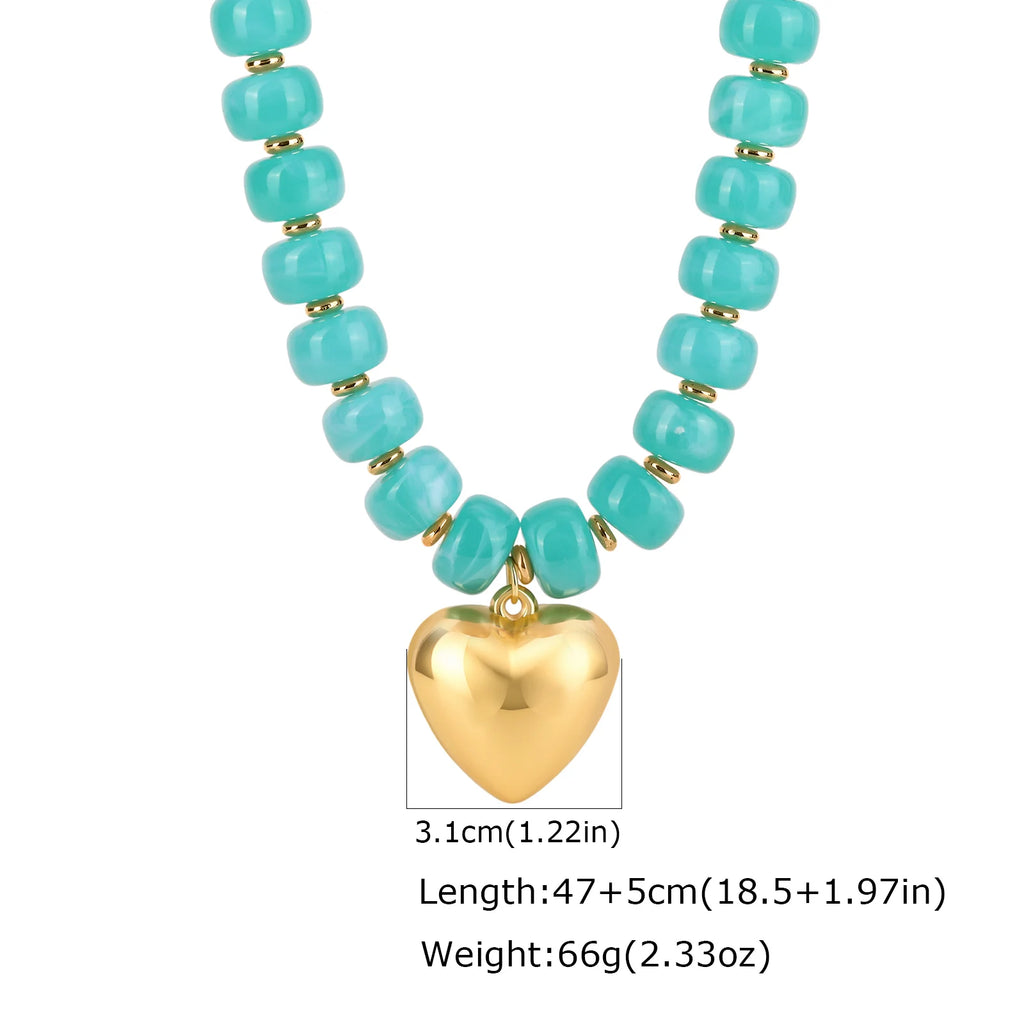 Resin Barrel Bead Choker – Gold Heart Pendant Y2K Necklace Beaded Choker Necklace SPOT NC-2946G02