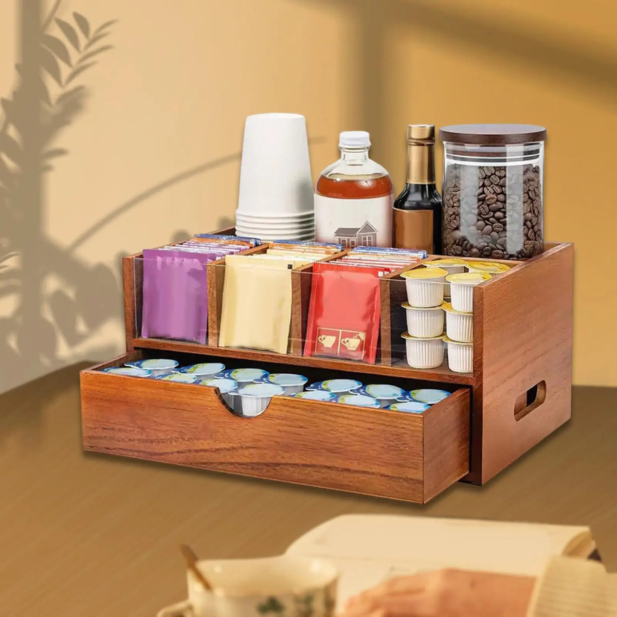 Wood Coffee Bar Organizer with Drawer – 5-Compartment Rack Coffee Bar Organizer SPOT
