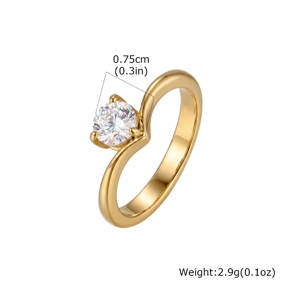 Chevron Solitaire Ring – 18K Gold Plated CZ V Band for Women Fashion Ring SPOT RC-1164G US Size 7