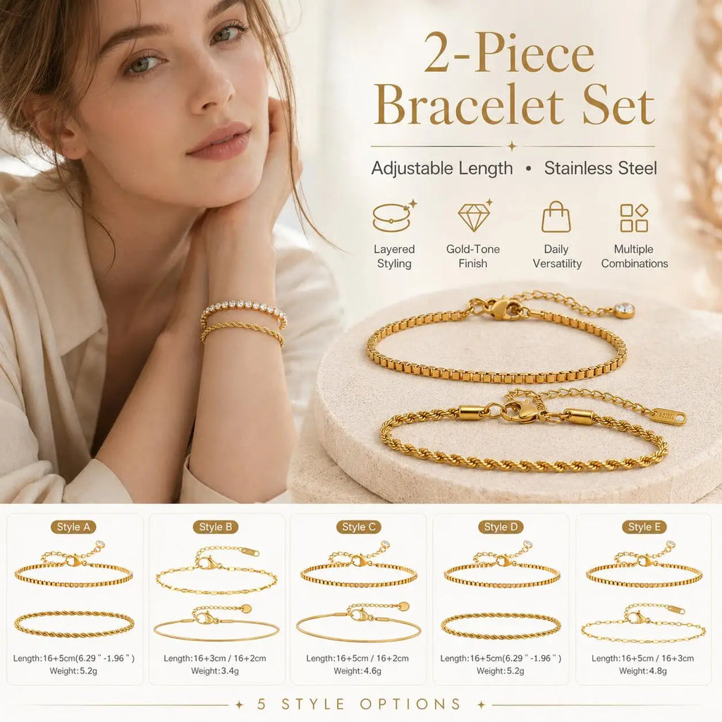 Meaeguet Gold Stacking Bracelet Set – 2pc Adjustable Link Chain Stacking Bracelet Set SPOT