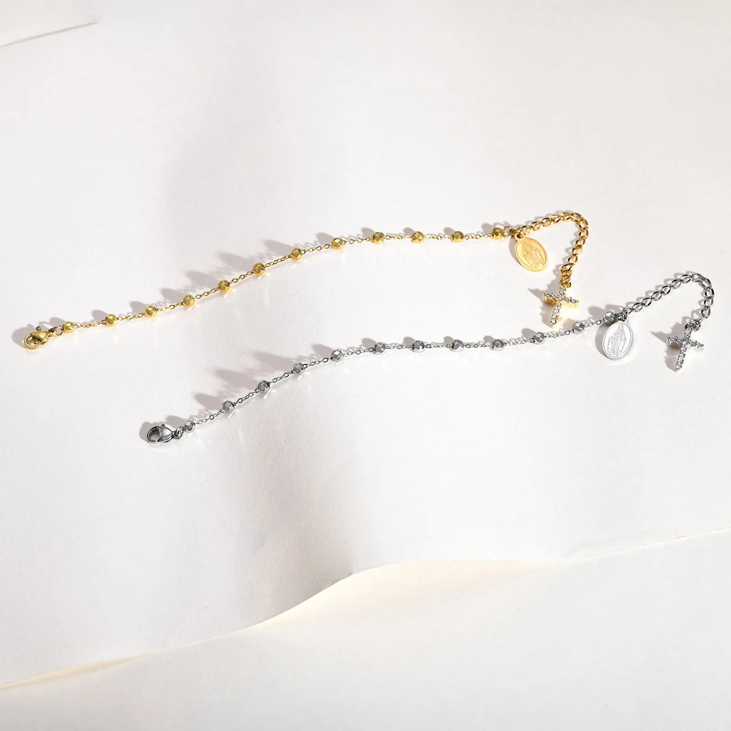 Virgin Mary Rosary Bracelet – Stainless Steel Cross Charm Religious Charm Bracelet SPOT