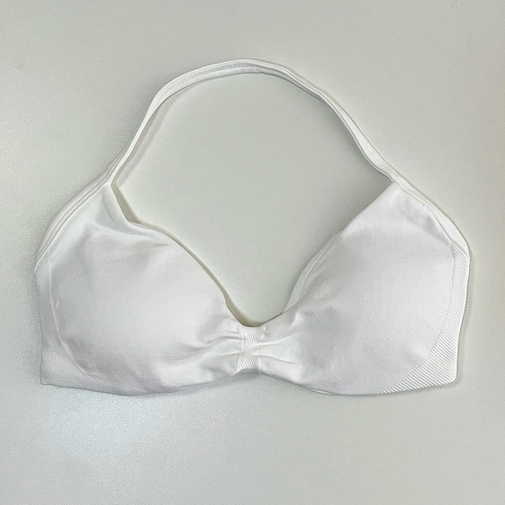 Women's Strappy Halter Sports Bra – Backless Gym Crop Top Women's Sports Bra SPOT White L