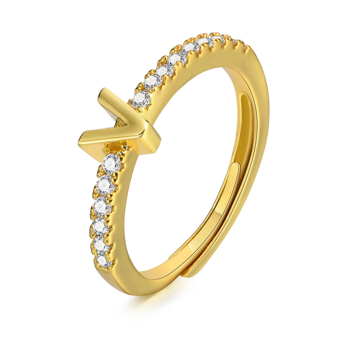 Women's Initial Letter Ring – Pavé CZ Adjustable Stacking Ring Initial Letter Ring SPOT V