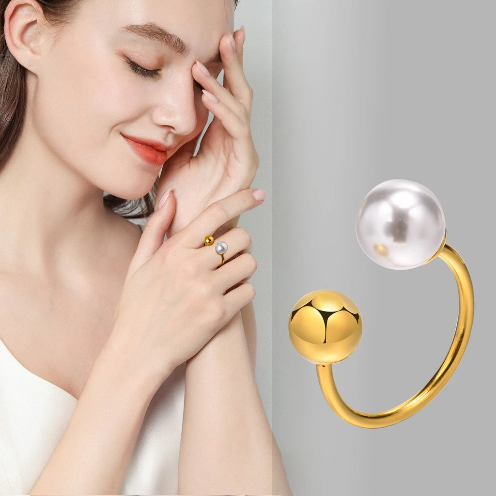 Pearl Beaded Stainless Steel Cuff Ring – Women's Gold Statement Ring Pearl Cuff Ring SPOT