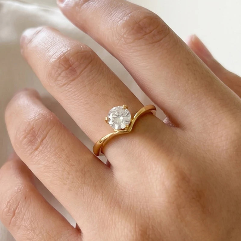 Chevron Solitaire Ring – 18K Gold Plated CZ V Band for Women Fashion Ring SPOT
