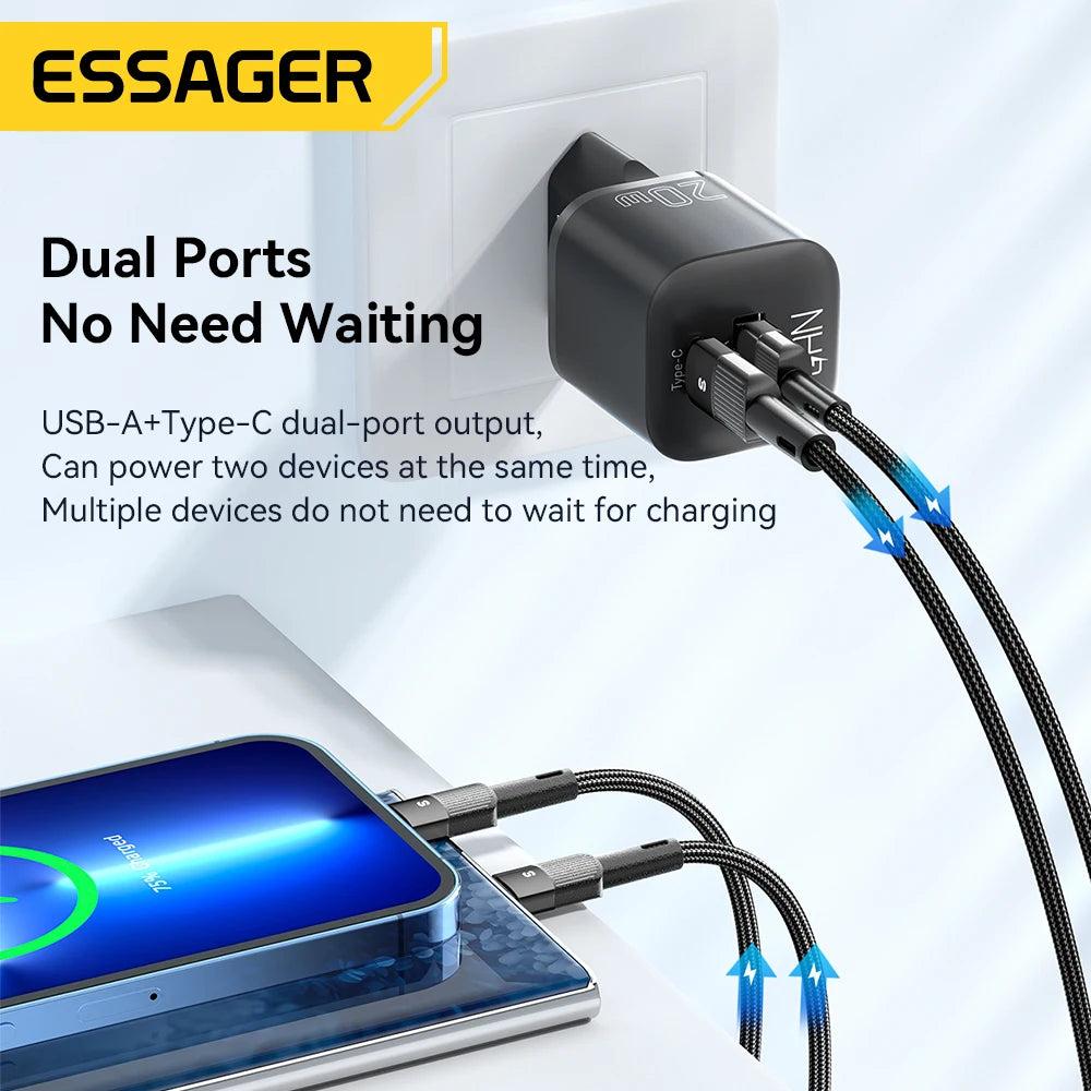 Essager 20W GaN USB-C Dual Port Fast Charger – PD & QC 3.0 GaN USB-C Charger SPOT