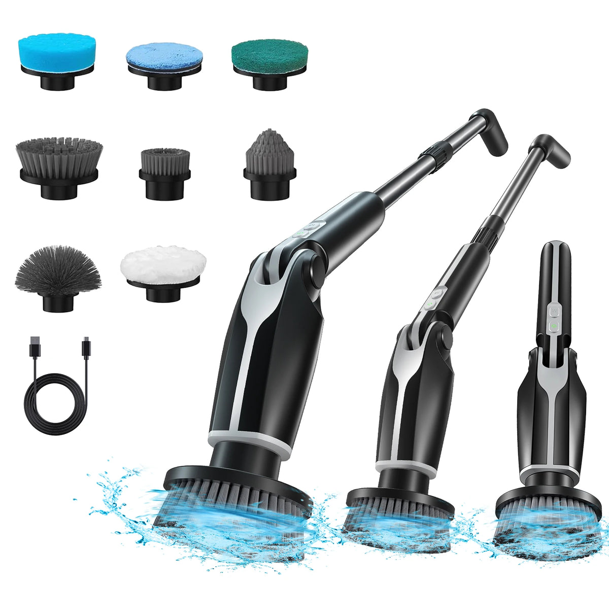 Electric Spin Scrubber Long Handle & 8 Brush Heads | DUTRIEUX Electric Spin Scrubber SPOT Black White