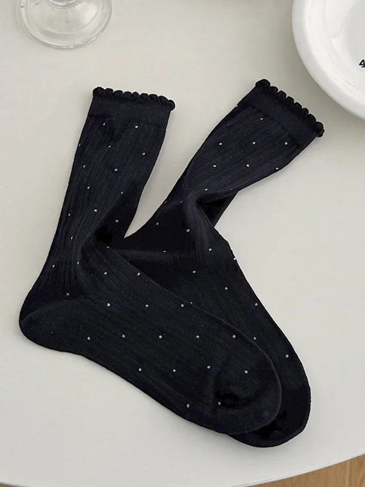 Women's Polka Dot Cotton Crew Socks – Kawaii Harajuku Style Women's Crew Socks SPOT Black 35-39