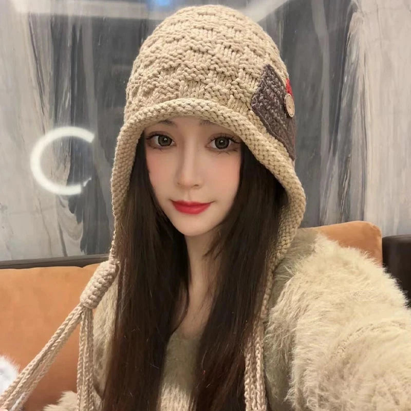 Women's Braided Knit Beanie – Tassel Patch Winter Hat Knit Beanie Hat SPOT