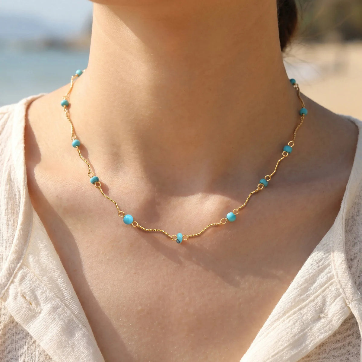 Waterproof Turquoise Bead Choker – Gold Plated Stainless Steel Choker Necklace SPOT Default Title