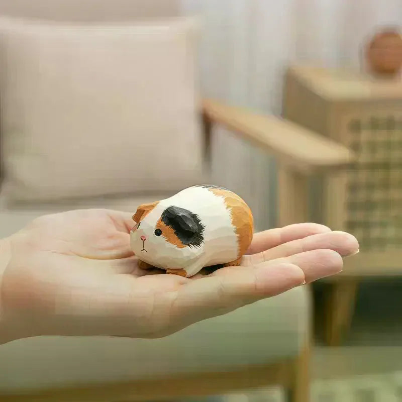 Hand-Carved Wooden Guinea Pig Figurine – Cavy Statue Décor Decorative Figurine SPOT
