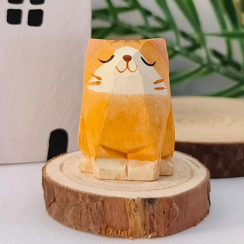 Hand-Carved Basswood Shiba Inu & Cat Figurine | Desk Decor Wood Figurine SPOT