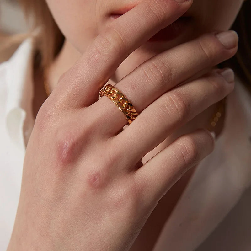 6mm Cuban Curb Chain Ring – 18K Gold Stainless Steel Fashion Ring SPOT
