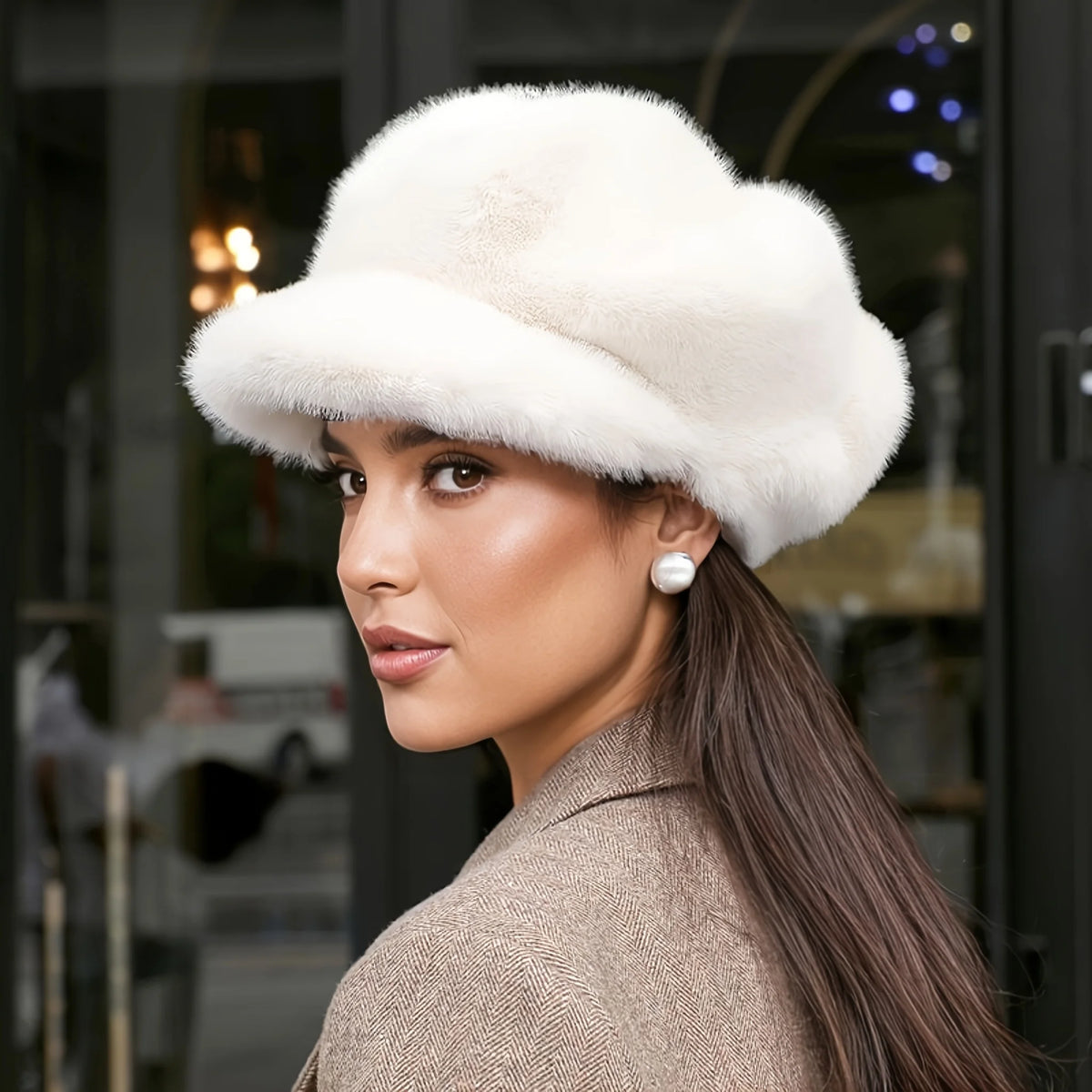 Women's Plush Beret – Warm Knit Cloud & Octagonal Winter Hat Winter Knit Hat SPOT WHITE