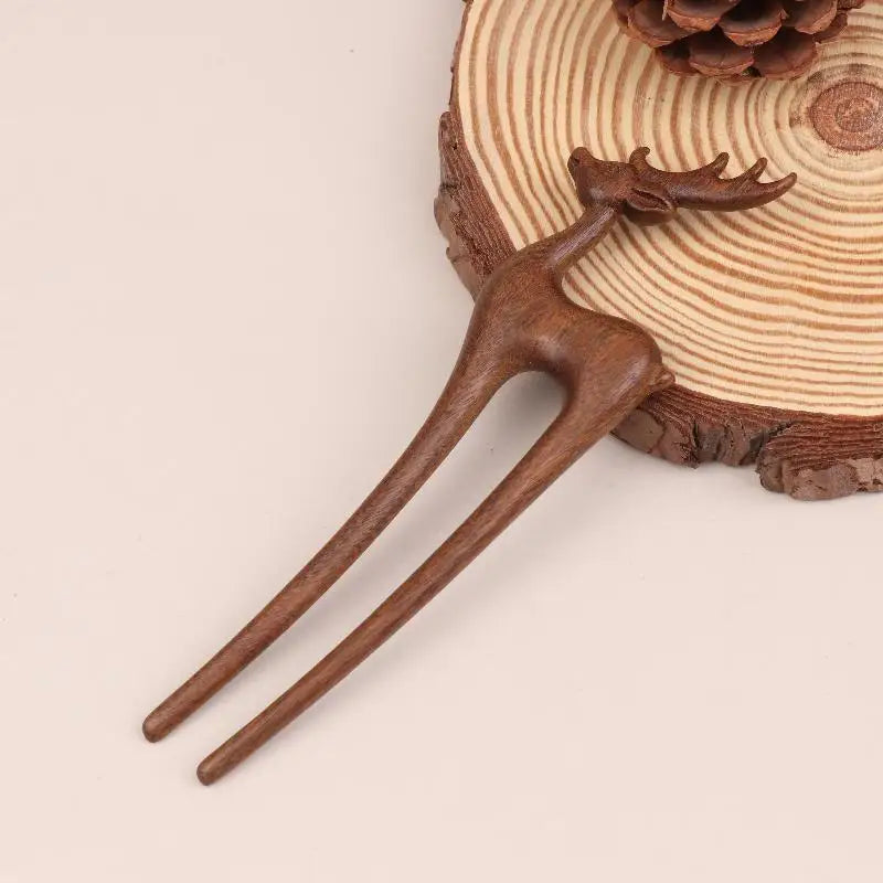 Wooden U-Shape Hair Stick Fork – Cat & Butterfly Chinese Style Wooden Hair Stick SPOT 04