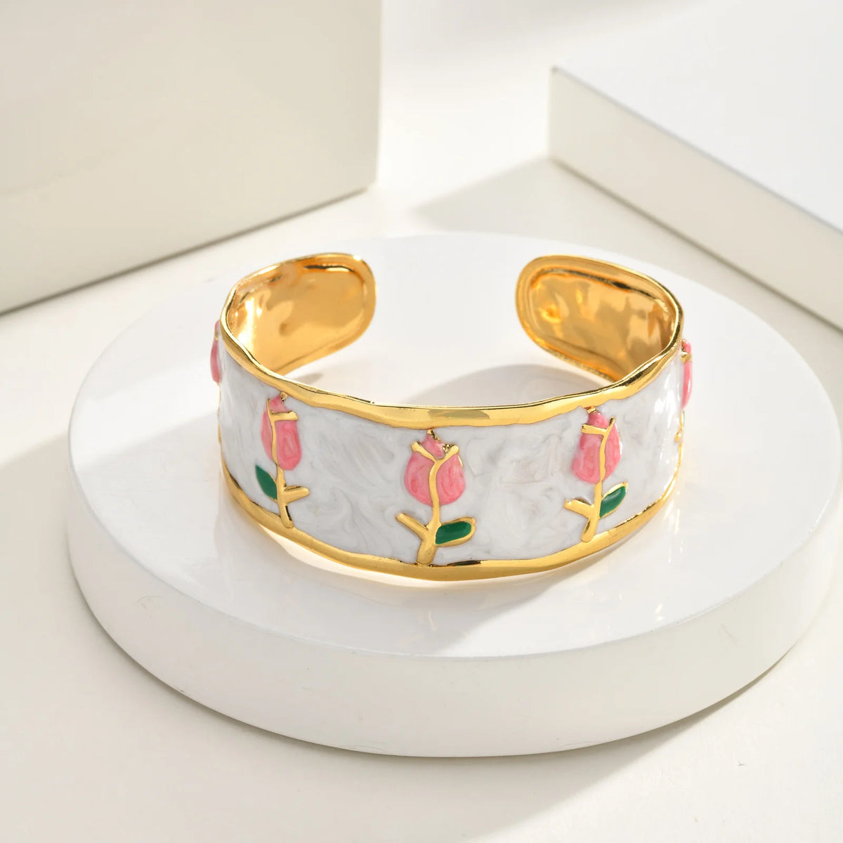 Wide Enamel Tulip Cuff Bracelet – 18K Gold Plated Bangle Cuff Bangle Bracelet SPOT