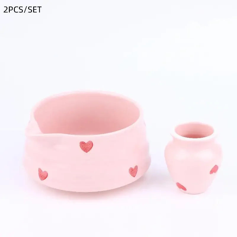 Heart Decal Ceramic Matcha Set – Bowl, Whisk, Holder & Scoop Matcha Tea Set SPOT 2pcs