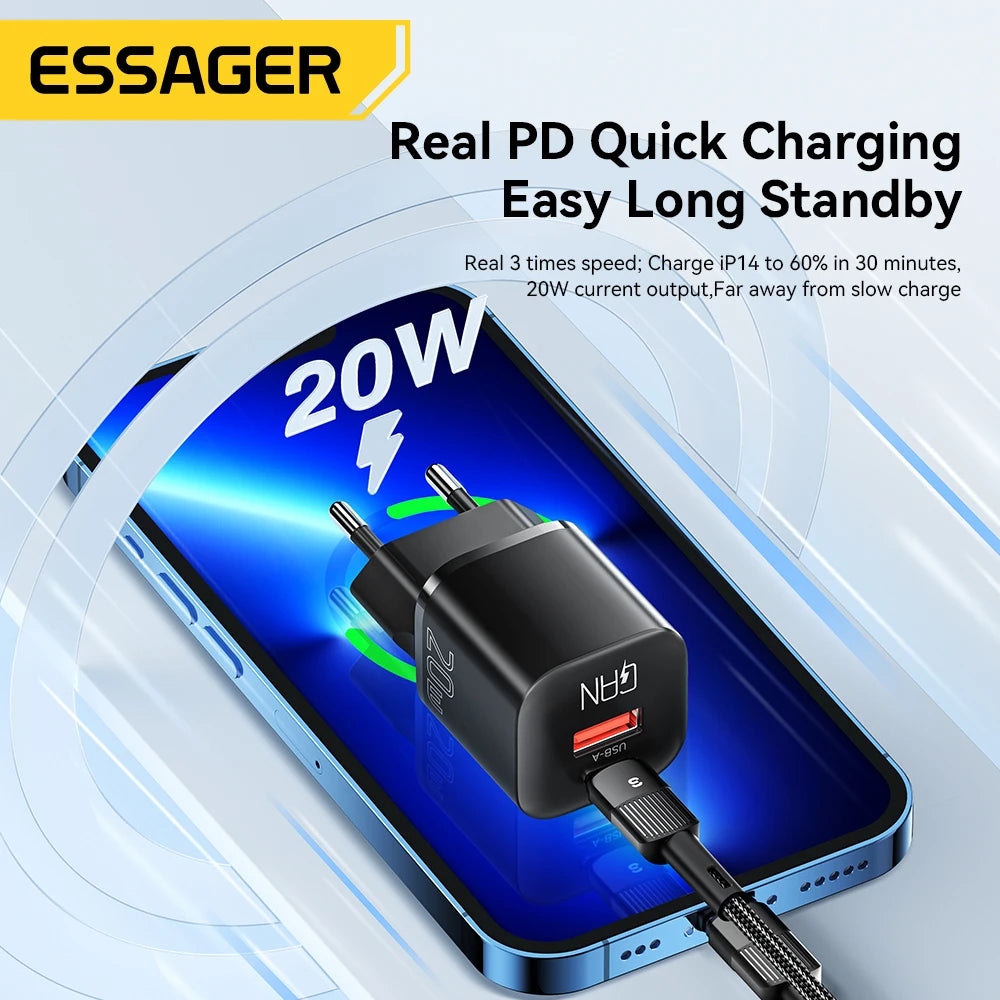 Essager 20W GaN USB-C Dual Port Fast Charger – PD & QC 3.0 GaN USB-C Charger SPOT